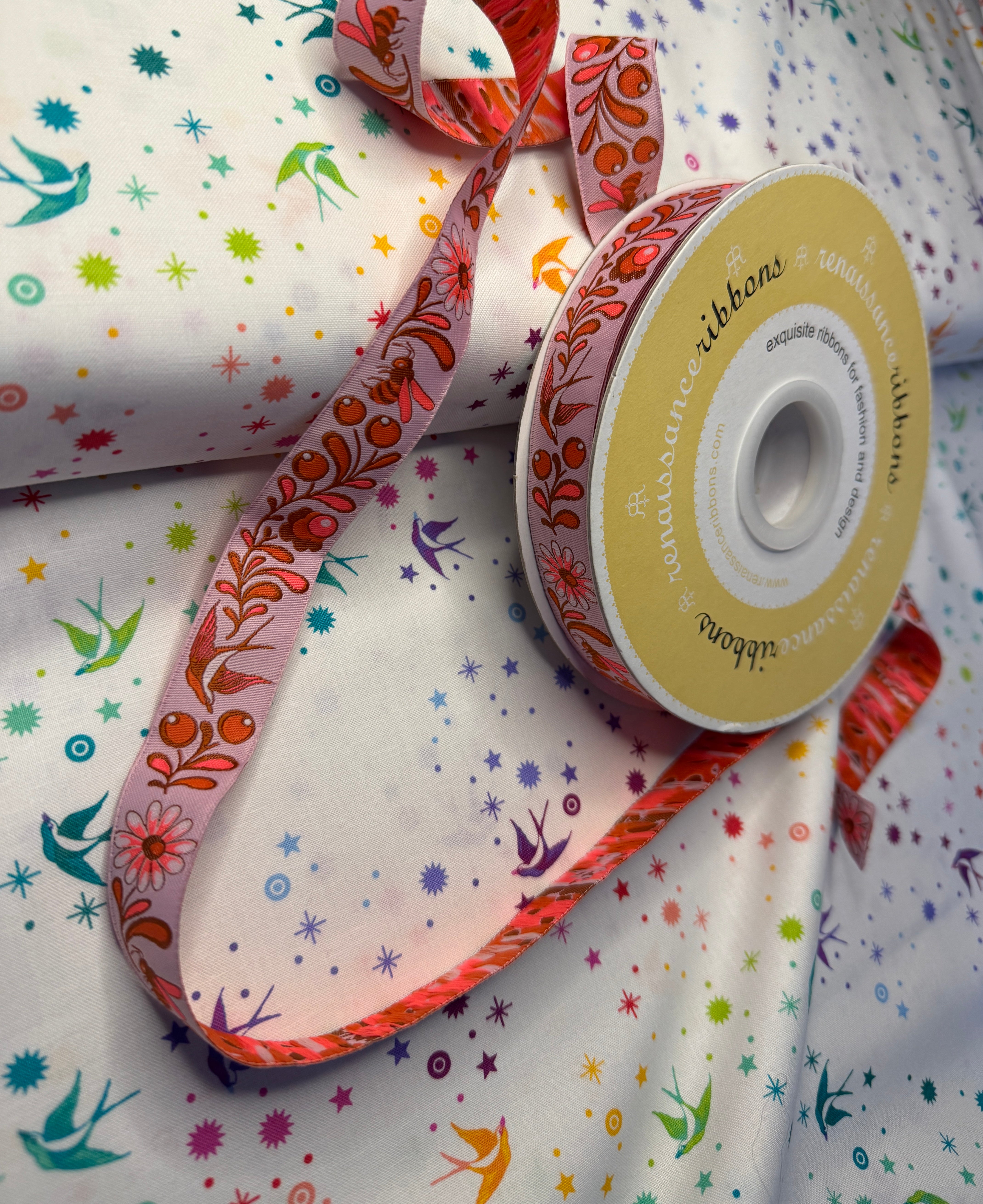 Birds & Bees Cosmic/Pink 7/8" wide woven jacquard ribbon | Tula Pink