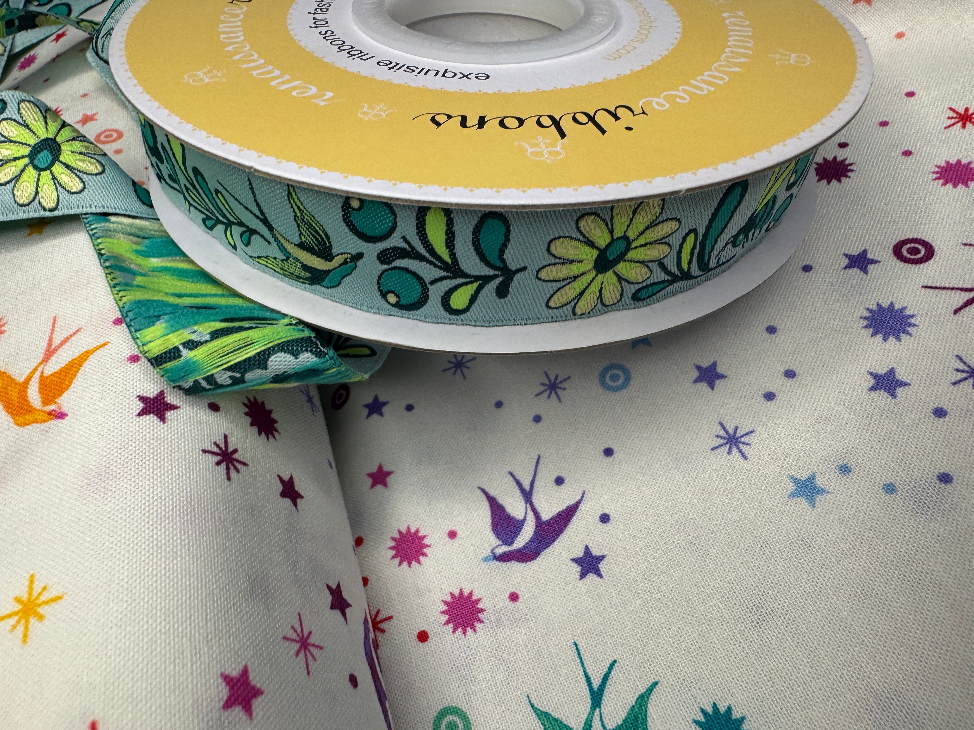 Birds & Bees Ribbon in Spirit 7/8in wide woven jacquard ribbon | Tula Pink
