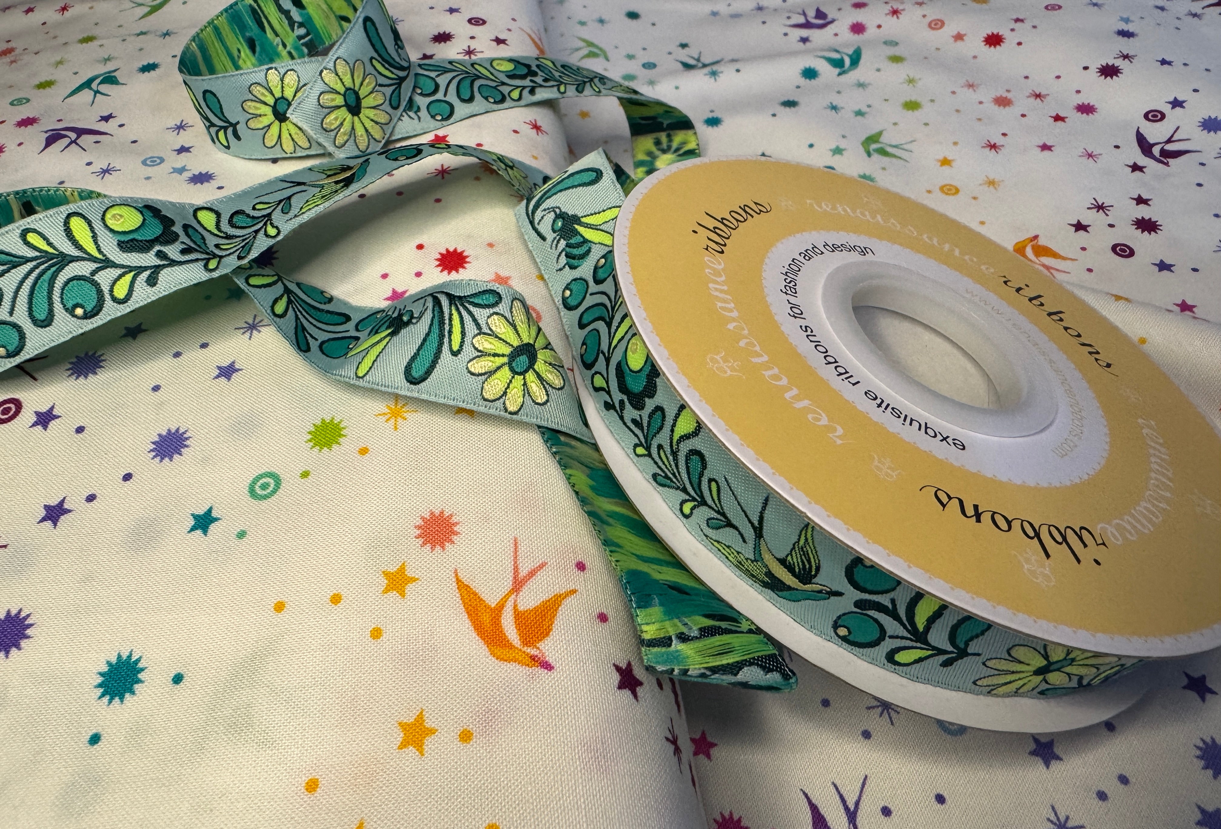 Birds & Bees Ribbon in Spirit 7/8in wide woven jacquard ribbon | Tula Pink