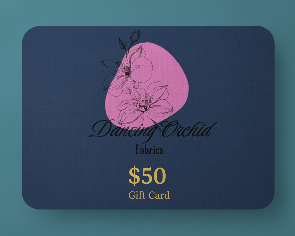 Dancing Orchid Fabrics $50 gift card with floral design on a blue background