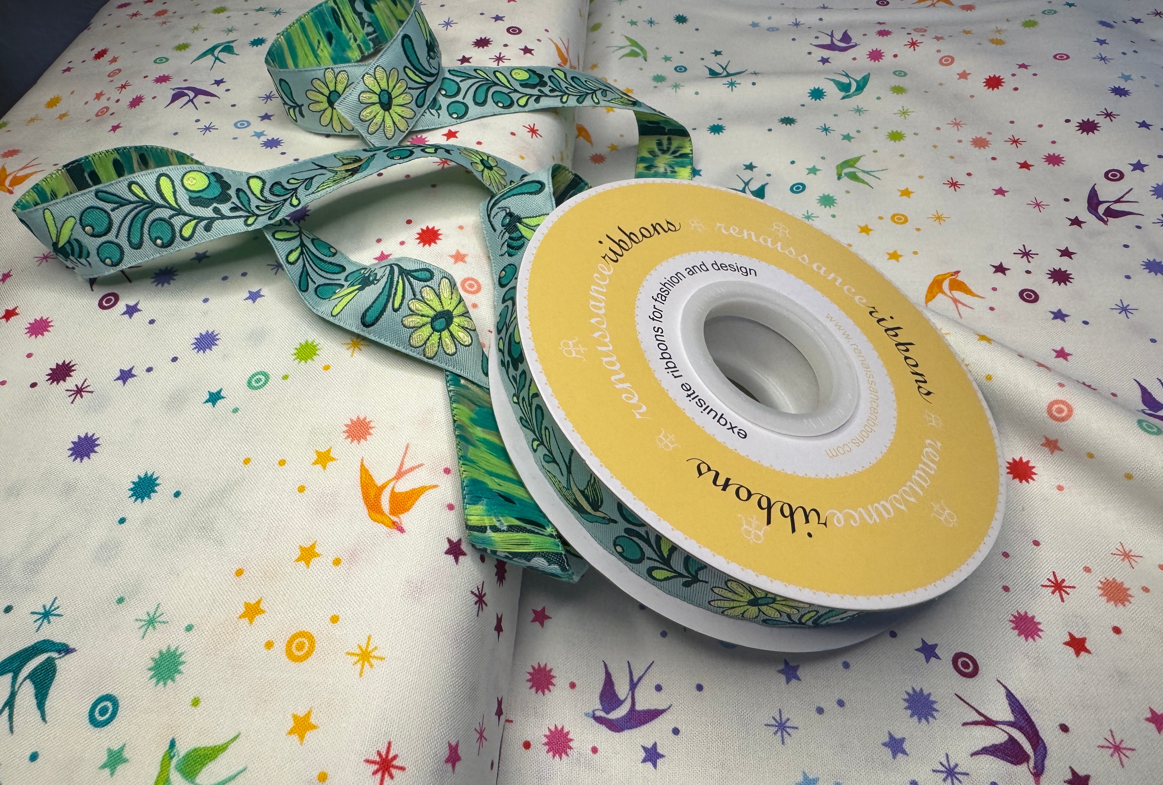 Birds & Bees Ribbon in Spirit 7/8in wide woven jacquard ribbon | Tula Pink